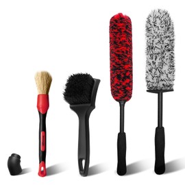 YeewayVeh Car Wheel Cleaning Kit, 4PCS Microfiber Bendable Wheel and Rim Brush，Tire Brush and Car Detailing Brush, Soft & No-Scratch Car Wheel Rim Cleaner Brush Set for All Wheel Types, Red