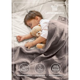 LAYNENBURG Premium Muslin Baby Blanket, 120 x 120 cm, 4-Layer Blanket Made of 100% Cotton, Oeko-Tex 100, Cuddly Blanket or Sleeping Blanket, Swaddling Cloth, Burp Cloth for Baby, Newborn and Children