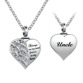YSAHan Angel Wings Cremation Urn Necklaces for Uncle Ashes Crystal Heart Keepsake Pendant Memorial Locket Ash Holder Always on My Mind Forever in My Heart