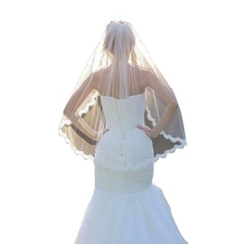 Bufenia Lace Bridal Veil Fingertip Length 1 Tier Bride Veil Bachelorette Party Short Wedding Tulle Veil Comb and Lace Edge (White)