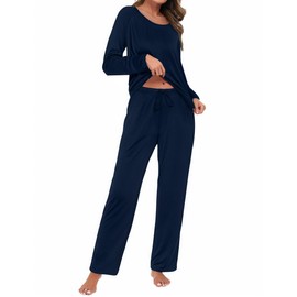 Uniexcosm Pyjamas Set for Women Nightwear Ladies Sleepwear Long Sleeve PJ Set Loungewear S-3XL Navy Blue