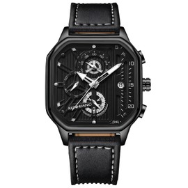 KUNHUANG Men’s Watches, Waterproof Analog Quartz Watches for Men Precise Chronograph Watch with Date Display Polygonal Fashion Wrist Watch with Leather Strap (Leather Black)