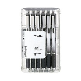 TUL Gel Pens, Retractable, Fine Point, 0.5 mm, Gray Barrel, Black Ink, Pack of 12