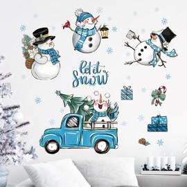 Yovkky Let It Snow Winter Snowman Wall Decals Stickers, Blue Truck Christmas Tree Snowflakes Home Bedroom Decor, Pine Cones Xmas Gifts Holiday Living Room Kitchen Decorations Art