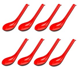 Rice Spoons Ramen Noodle Soup Ladle Red Soup Spoons Serving Spoons Chinese Won Ton Soup Spoon Asian Plain Style Soup Spoons (8, Red/Black)