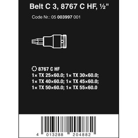Wera Torx Bit Socket Belt Set, Cyclop, C 3, HF, Retention Function, 1/2" Insert, 6 Piece