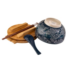 Hinomaru Collection Japanese Kamameshi Style Rice Noodle Bowl with Bamboo Lid Trivet Chopsticks and Porcelain Spoon Bowl Set (Wave)