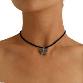 TseenYi Butterfly Choker Necklace Boho Suede Choker Necklace Silver Butterfly Pendant Necklace Black Leather Velvet Necklace Jewellery for Women and Girls Gifts