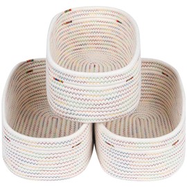 CubesLand Rectangle Organization/Storage Basket,Natural Cotton Rope Woven Baskets for Organizing,Small Basket for Kids, Baby Nursery,Cat Dog Toy Baskets,Organizer Bins for Shelves Rainbow Stitches