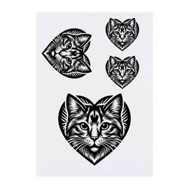 4 x 'Heart Shaped Cat Face' Temporary Tattoos - Water Resistant, Skin-Safe, Non-Toxic Transfers, Mixed Sizes (TO00070566)