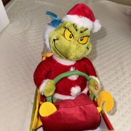 Dr Seuss New Grinch Stole Christmas on Santa's sleigh Animated Plush Toy Sled Gemmy 2024