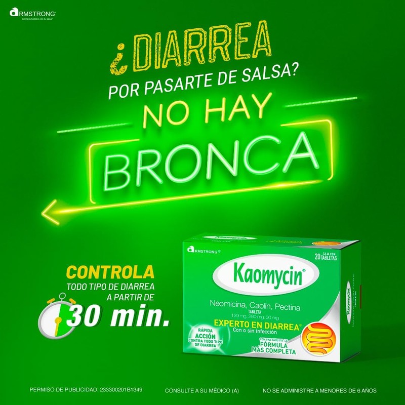 Kaomycin Antidiarreico, Caja con 20 Tabletas, Alivio Rápido y Efectivo