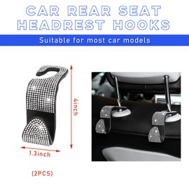 Ohleats 2 PCS Bling Car Seat Headrest Hooks, Crystal Rhinestone Back Seat Hanging Storage Organizer, Vehicle Seat Hanger Holder for Purse Handbag Coat, Interior Car Accessories (White)