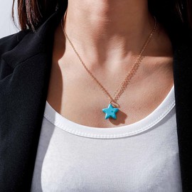 Inateannal Boho Turquoise Star Pendant Necklace Gold Turquoise Choker Necklace Star Pendant Chain Necklace Blue Turquoise Star Chain Necklace Jewellery for Women Girls, Zinc, No Gemstone