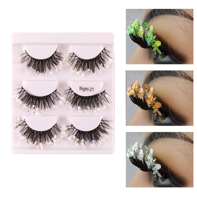 perfk 3 Pairs Luminous False Eyelashes with Sequins, Glitter Eyelashes,