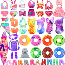 Ecore Fun 15 Items Doll Bathing Suits Pool Accessories Set for 11.5 inch Girl Dolls - 5 pcs Swimsuits, 5 Shoes, 2 Pool Floaties, 1 Set of 3 Diving Suit, 1 Toy Seal, 1 Surfboard