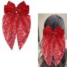 Red Glitter Sequin Hair Bow Clips for Women Girls Big Hair Bows Barrettes Ribbon 8 inch Bow Hair Clip Sparkly Hair Ribbons Bowknot Hair Clips for Women Festival Hair Accessories