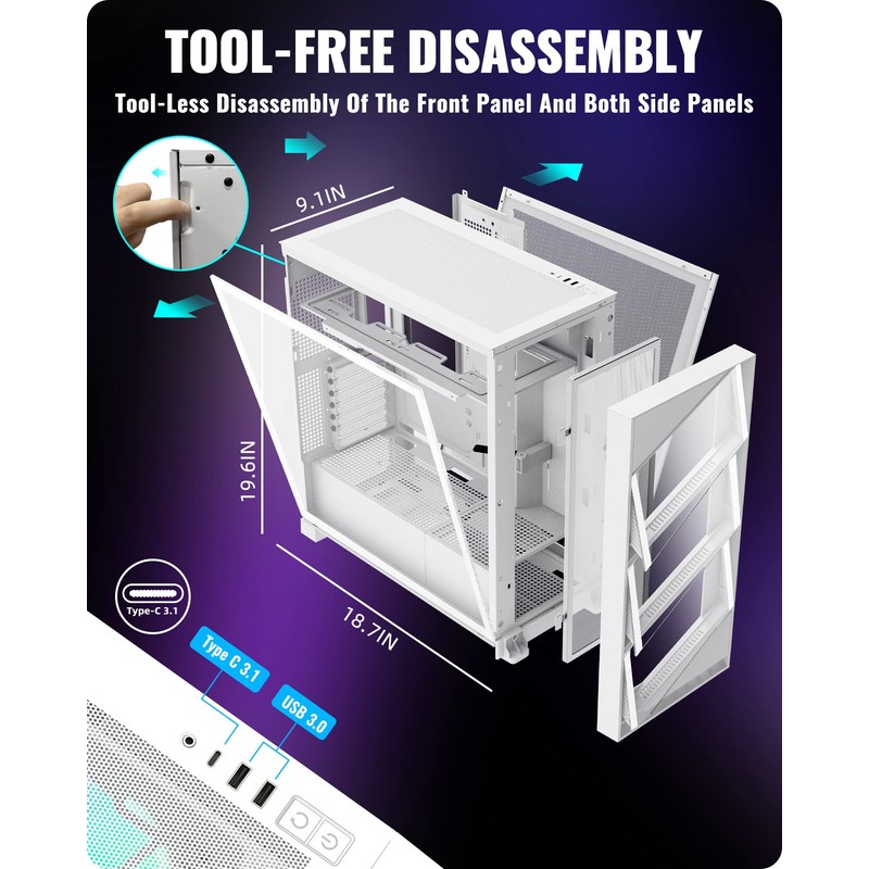 Segotep T3 White Mid-Tower ATX Gaming PC Case, Support Top