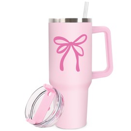 JarThenaAMCS Pink Bow Tumbler with Handle 40oz Coquette Bowknot Tumbler with Straw and Lid Pink Stainless Steel Cup for Girl Women Friend Holiday Birthday Gift
