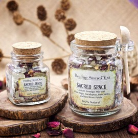 Sacred Space Custom Sage Smudge Mix with White Sage, Eucalyptus Leaves, Palo Santo Chips, and Red Rose Petals in Glass Apothecary Jar