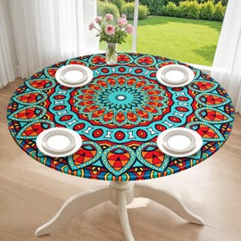 Betylifoy Mandala Round Fitted Tablecloth with Elastic Edge Waterproof Outdoor Table Cloth Wipeable Round Table Cover Colorful Boho Table Cloth for Picnic,Camping,Dinner Fits 36"-44" Round Tables