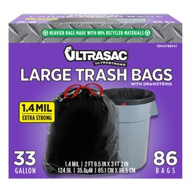 Ultrasac Black Large Heavy Duty Drawstring Trash Bags 33 Gallon 1.4 MIL, 33.5" x 38" - Pack of 86 - For Home, Commercial, Construction, & Outdoor