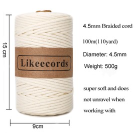 Likeecords Braided Macrame Cotton Cord 4.5mm×109 Yards Macrame Cotton Rope Bohemia Macrame Supplies for Handmade Plant Hangers Wall (Beige)