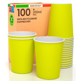 100 Paper Cups 200 ml Eco Friendly Biodegradable Disposable Made in Italy Asporto Warm Drinks Colourful Yellow Made and Packed in Italy