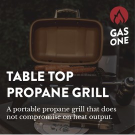Gas One GasOne Tabletop Propane Grill C Portable Grill Propane with Heat Resistant Handles, Large Cooking Surface C User Friendly Temperature Control Knob Portable Gas Grill for RV, Camping, Home C Tan Brown