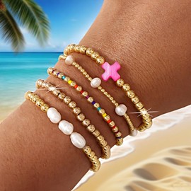 Bohxantium Gold Beaded Bracelets for Women, 5PCS Boho 14K Gold Ball Bracelets Stack Pink Stretch Gold Seed Beads Pearl Jewelry Set with Christian Cross Stackable Trendy Summer Friendship Birthday Gift