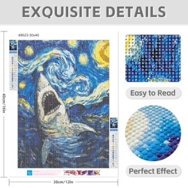 GVYGVY Diamond Art Kits for Adults, Vintage Shark Round Full Drill 5D Diamond Painting Kits for Adults Beginners, Diamonds Pictures Diamond Painting Crafts Home Wall Decor 12x16 Inch Frameless