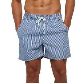 HLVEXH Men's Swimming Trunks Summer Beach Shorts Surf Swim Shorts Board Shorts with Mesh Lining, Blue stripes