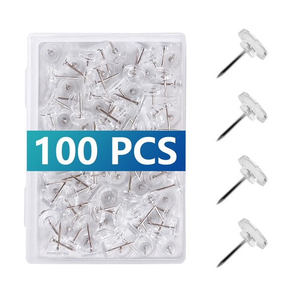 100 Pcs Clear Push Pins Tacks, Thumb Tacks, Reusable Flat