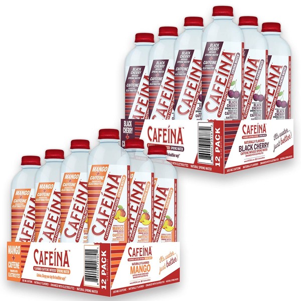 Cafeina - Variety (24 Pack) - 100mg Caffeine, Electrolytes, Ultra Hydrating, Zero Sugar, Keto Friendly - 12 Bottles Each - Mango & Black Cherry