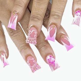 White French Tip Press on Nails Duck Shape Fake Nails with 5D Flower Pearl Designs Pink Blooming Glue on Nails Duckbill Nails Press ons Glossy Artificial False Nails for Girls and Women Manicure 24Pcs