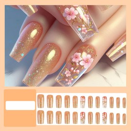 Gold Glitter Press on Nails Square Medium Coffin False Nails Nude Acrylic Fake Nails Press Ons with Pink Flowers Design Glue on Nails Cute Stick on Nails for Women Manicure Tips 24 Pcs