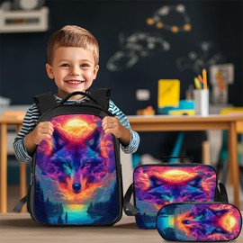 Citari Wolf Backpack Set for Boys Girls 3PCS Cool Animal School Bag with Lunch Box Pencil Case Kids Backpacks Toddler Elementary Bookbag 16 Inch