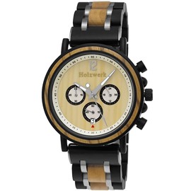 Holzwerk Germany Handmade Designer Men's Watch Eco Natural Wood Watch Chronograph Bracelet Watch Analogue Quartz Watch Brown Black Silver Date Wooden Dial, Chronograph, brown, silver, Strap.