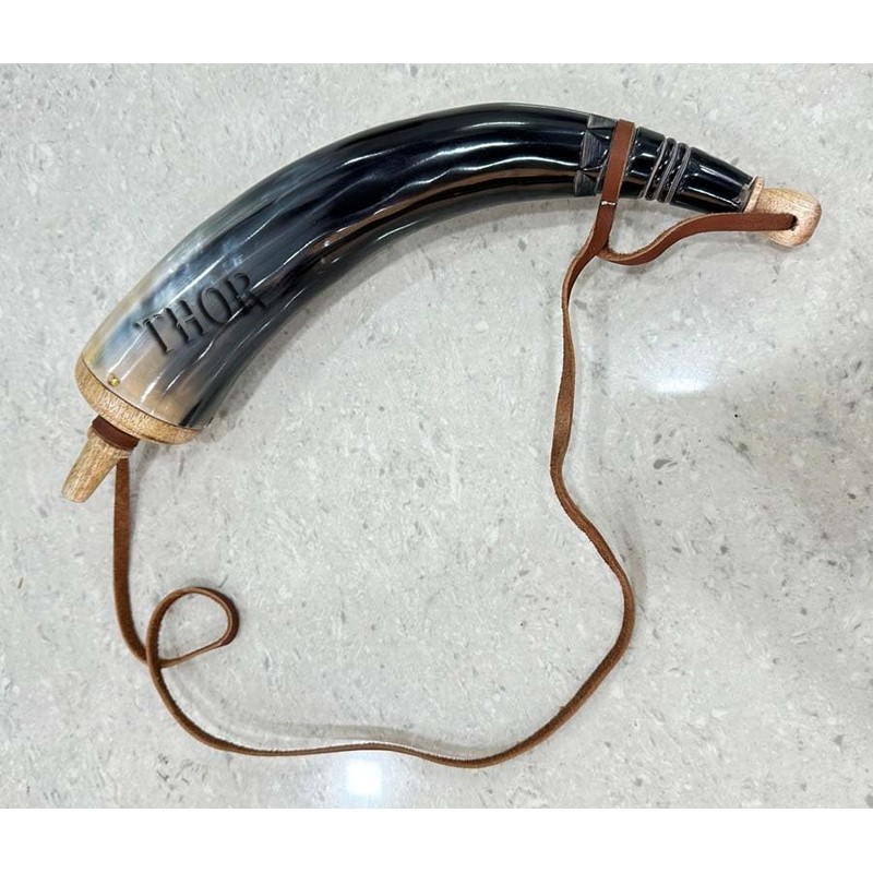 Hand Carved Genuine Gun Powder Real Horn with Leather Strap,