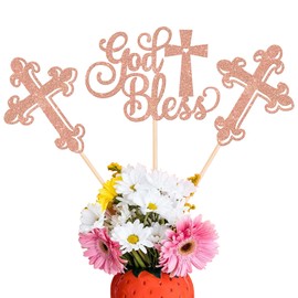 ZHUOWEISM 12 PCS God Bless Centerpieces Sticks First Communion Party Decorations Baptism Table Toppers Decorations for Babyshower Christian First Communion Baptism Party Decorations Rose Gold