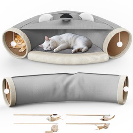 Abdtech Cat Tunnel Bed for Indoor Covered Cat Beds 2-in-1 Tunnel with Removable Cushion 48 Inch Kitten Hideaway with 4 Toy Wand & Plush Ball Pet Peekaboo Cave for Puppy Rabbit Ferret