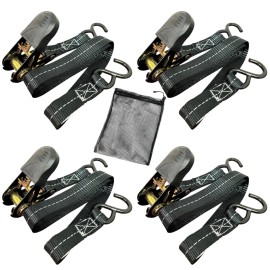 Everest 4pk 1"x 15' Reflective Black Ratchet Tie Down Straps S-Hook 500LBS WLL With Bag