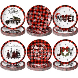 Fourluoo 96 Pcs Christmas Paper Plates 7 Inch Black and Red Buffalo Plaid Xmas Tree Plates Disposable Snowflake Dinner Plates for Xmas Birthday Party table Decor Supplies