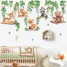 wondever Woodland Animal on Swings Wall Stickers Baby Bear Deer Fox Leaves Peel and Stick Wall Art Decals for Children Nursery Kids Bedroom Living Room