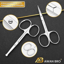 Premium Curved and Rounded Facial Hair Scissors for Men & Women, Silver Stainless Steel Mustache, Nose, Beard, Eyebrow, Eyelashes and Ear Hair Cutting Scissors. Trimming Scissors Come With Pouch.
