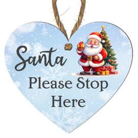 Santa Please Stop Here Christmas Heart Plaque – Festive Wooden Decoration with Santa Claus, Reindeer, Snowman, and More – Christmas Eve Sign for Kids – Hanging Ornament (Santa)