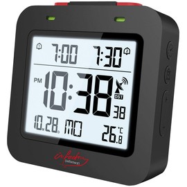 infactory Alarm Clock 2 Alarm Times: Digital Travel Radio Alarm Clock with Thermometer, Date, Dual Alarm, Black (Alarm Clock with Multiple Alarm Times, Alarm Clock Radio, Calendar)