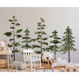 JarThenaAMCS 6 Sheets Pine Tree Wall Stickers Watercolor Christmas Woodland Forest Wall Decals Extra Large Room Mural Stickers for Winter Xmas Home Nursery Party Decoration