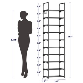 Kitsure Shoe Rack - 10-Tier Shoe Organizer with Detachable Fabric Shelves & Thick Metal Frame, Easy-to-Assemble Tall Shoe Rack for Closet, Entrance, Living Room, 16.9"×11.8"×68.5", Black