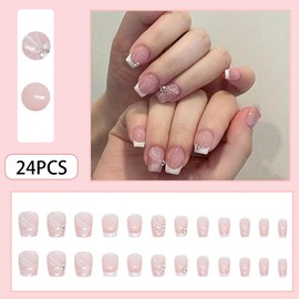 Square Press on Nails Short, Acrylic Nails Press ons Fake Nails, Glue on Nails Short False Nails with White French Tip Gloss Designs Artificial Nails Stick on Nails for Women 24Pcs